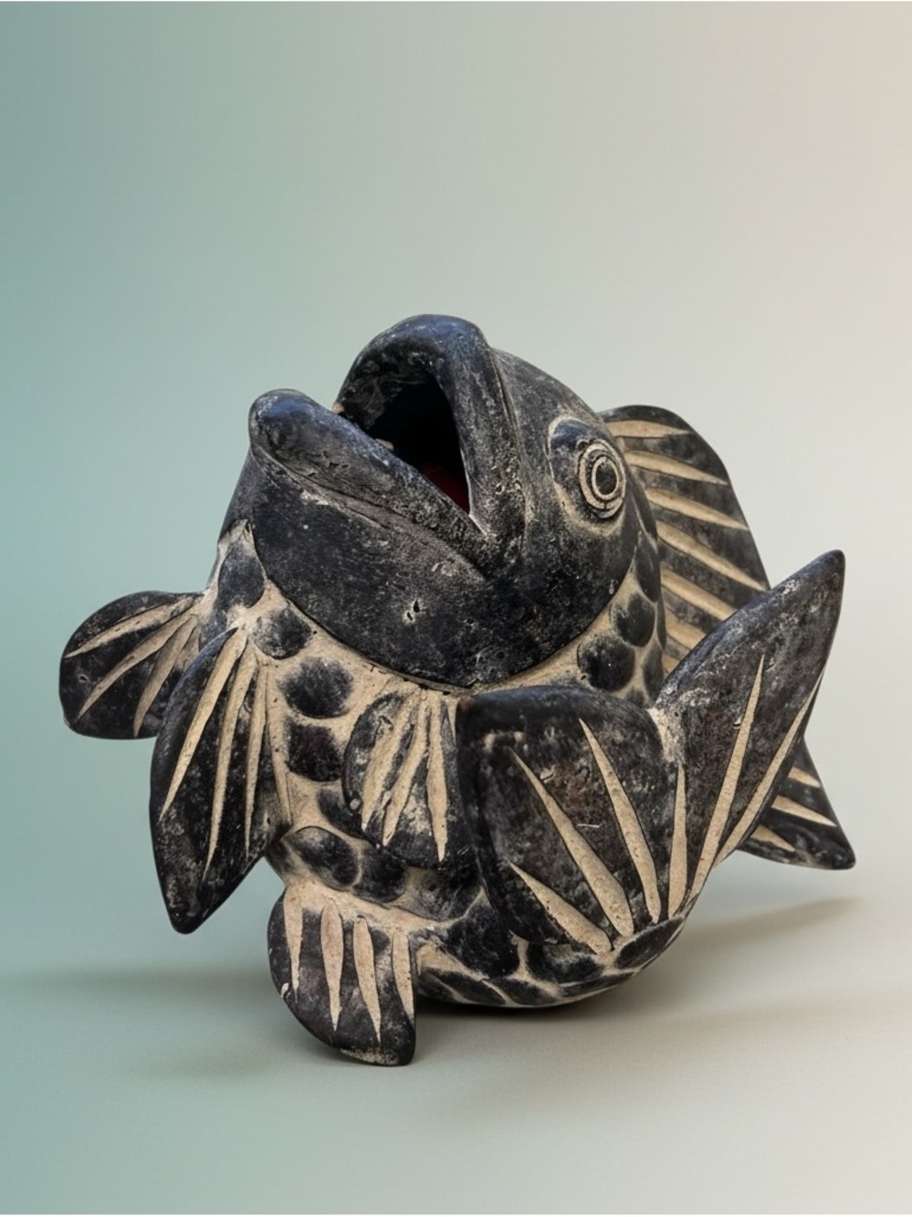 Vintage Black Clay Fish Vase Planter Folk Art Koi Carp
